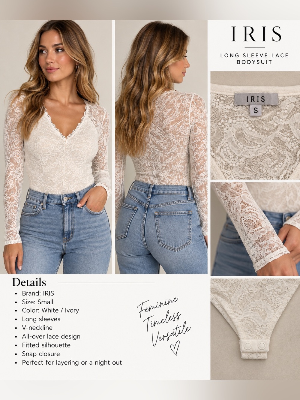 Iris White/Ivory  Lace Long-Sleeve V-Neck Bodysuit